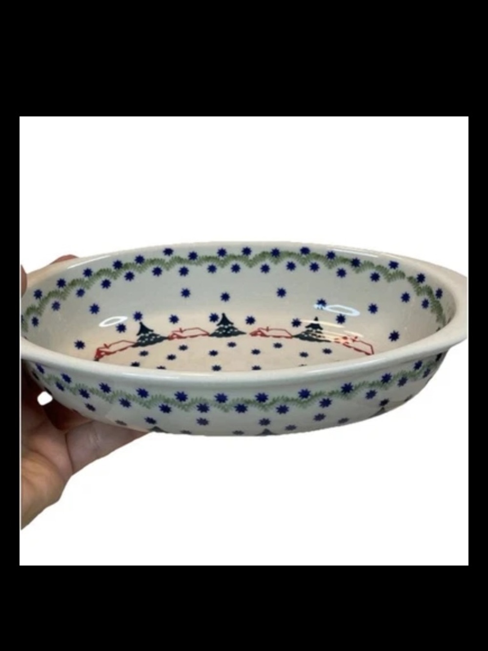 Boleslawiec Polish Pottery Serving Dish Oval 9” x 4.75” Winter Tree Houses EUC